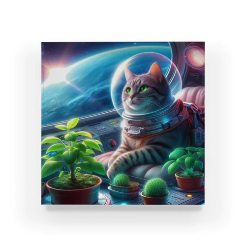 宇宙船で植物を育てながら宇宙旅行している猫 Acrylic Block