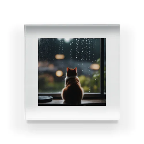 窓の前で雨を眺めているネコ[カラー] アクリルブロック