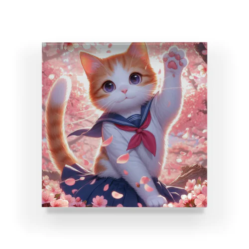 桜咲く華の学生猫 hana Acrylic Block