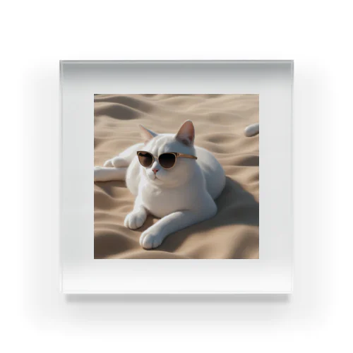ビーチで波の音を聴きながらサングラスをかけた猫 アクリルブロック