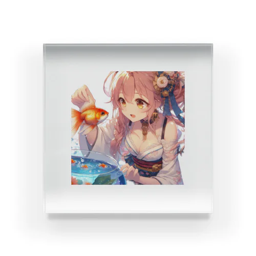 金魚と浴衣姿の女の子 Acrylic Block