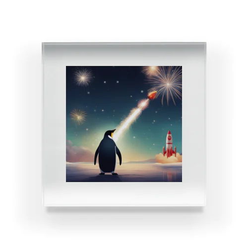 ロケット花火を見上げているペンギン アクリルブロック