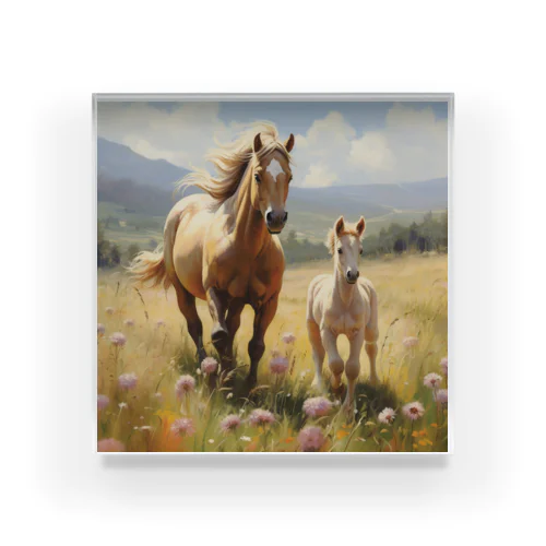 草原で遊ぶ馬の親子　Dream   2047 Acrylic Block