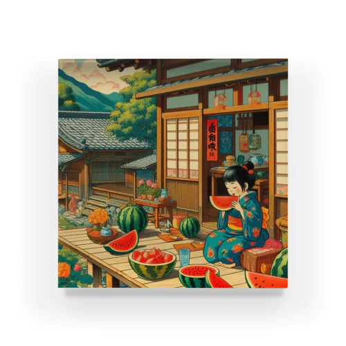日本の風景:縁側でスイカを食べる Acrylic Block