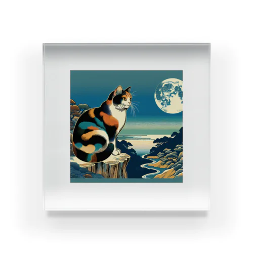 "A calico cat with a ukiyo-e style and the full moon." "一只浮世绘风格的三花猫和满月。" 아크릴 블럭