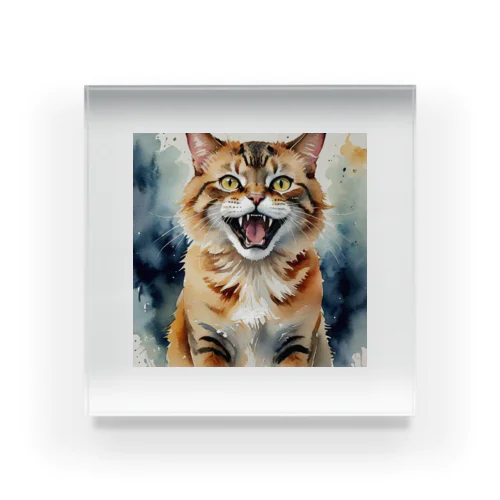 怒った猫の表情が鮮やかに描かれた水彩画 Acrylic Block