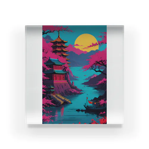 アジア　中国　日本　寺院　月夜　プレゼント Acrylic Block