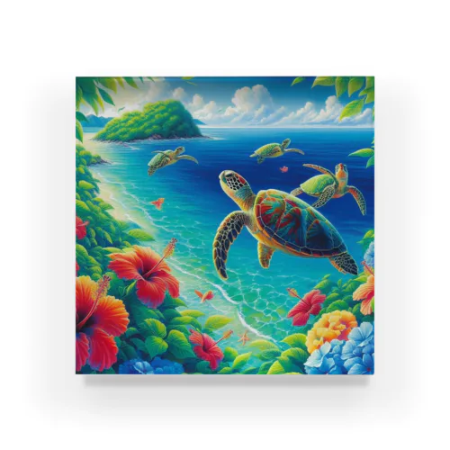 日本の風景:沖縄渡嘉志久ビーチの泳ぐ海がめ、Japanese scenery: Sea turtles swimming at Tokashiki Beach,Okinawa Acrylic Block