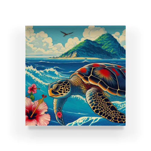 日本の風景:荒波にもまれる海がめ、Japanese scenery: Sea turtle caught in rough waves Acrylic Block