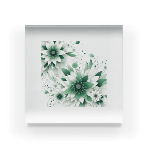 数学的なデザインを持つ緑と白の花 アクリルブロック