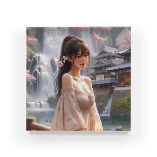 美女 滝 桜 日本庭園  Acrylic Block