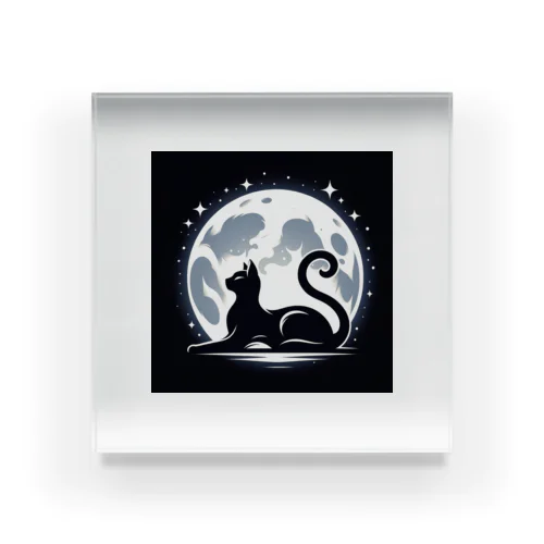 【Cat's Moonlight Stretch】- 月夜の猫シルエット Acrylic Block