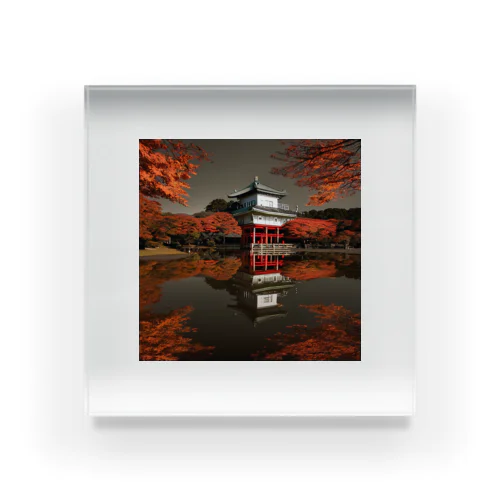 池に映る日本の歴史的建造物と紅葉 Acrylic Block