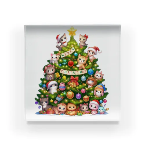 クリスマスツリーとキュートな子猫たち アクリルブロック