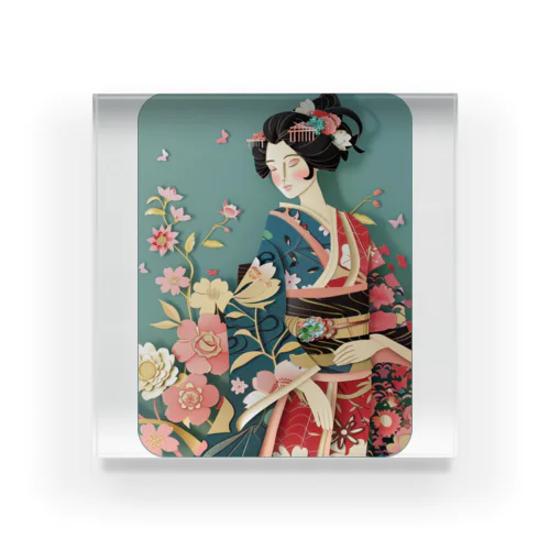 着物女性の切り絵アート　―　Kimono woman paper-cutting art　ー アクリルブロック