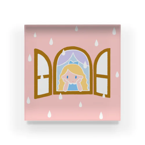 雨をながめる女の子（ピンク） アクリルブロック