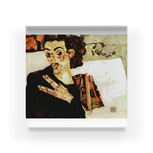 エゴン・シーレ / 1911 /Self-Portrait with Black Vase and Spread Fingers /Egon Schiele Acrylic Block