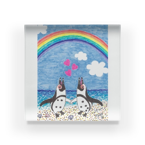 虹の下で鳴き合うケープペンギン Acrylic Block