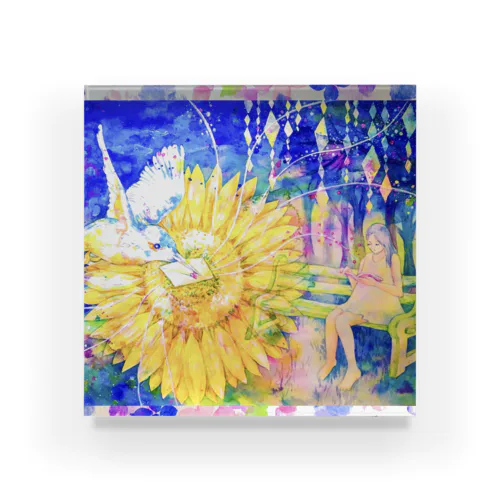 向日葵と翡翠・紫陽花の花びら（正方形） アクリルブロック