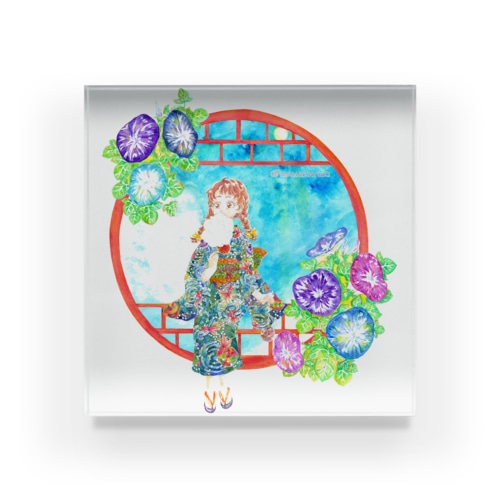 「窓際の夏」青空・朝顔縁・浴衣の女の子 Acrylic Block