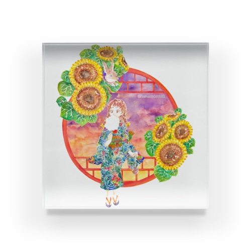 「窓際の夏」夕焼け・向日葵縁・浴衣の女の子 Acrylic Block