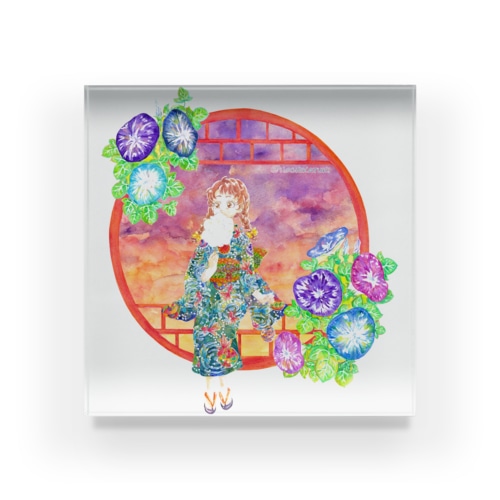 「窓際の夏」夕焼け・朝顔朝顔縁・浴衣の女の子 Acrylic Block
