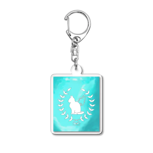 エメラルドグリーンの海と羽ねこさん Acrylic Key Chain