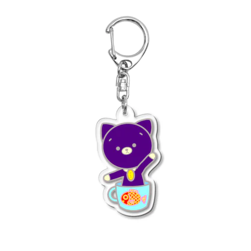 コップ入り招き猫（濃い紫色） アクリルキーホルダー