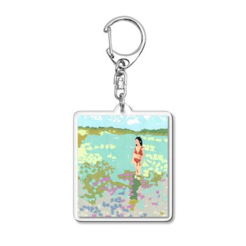 海と赤ビキニの女(ちぎり絵) Acrylic Key Chain