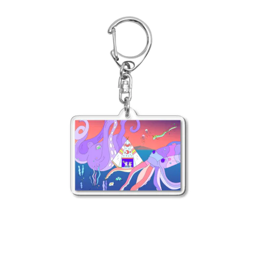 深海でDJするねこ、タコとイカ、クラゲ、リュウグウノツカイ Acrylic Key Chain