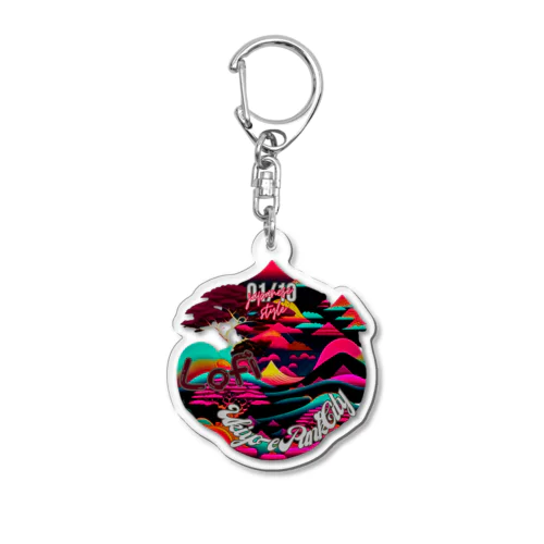 【lofiアート】ネオ浮世絵と盆栽: 北斎イズムのサイバーパンクが織りなす日本の景色の旅 Acrylic Key Chain