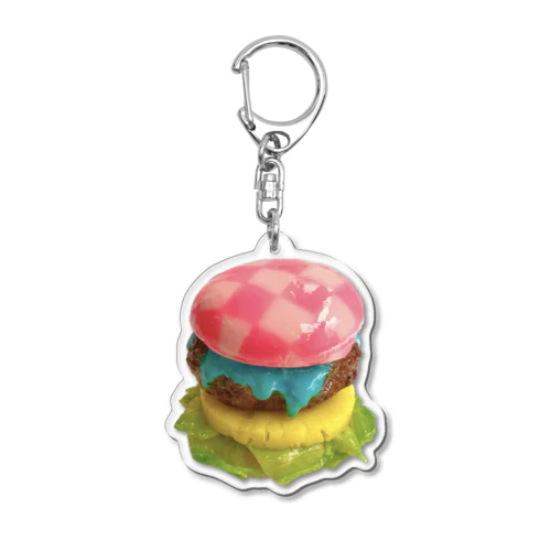 市松模様ピンクハンバーガー Acrylic Key Chain