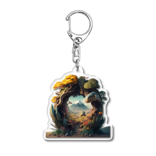 富士山×恐竜の可愛いイラスト Acrylic Key Chain
