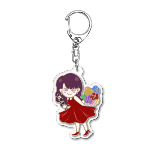 虹色の花束とクラリネットを持つ女の子 Acrylic Key Chain