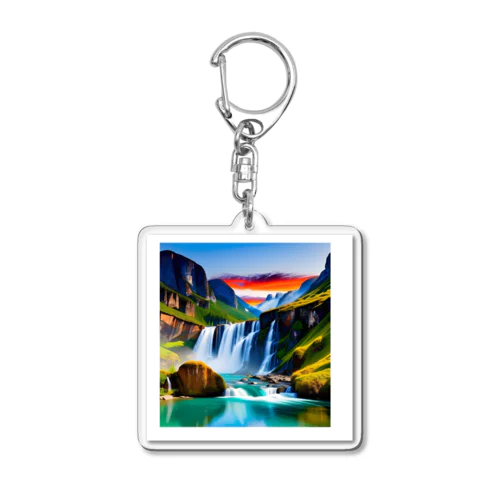 夜明けの滝と山々の美しい自然風景 Acrylic Key Chain