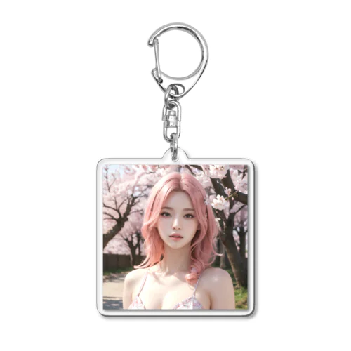 桜とピンクの髪の女の子 Acrylic Key Chain