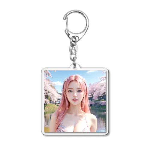 桜と青空と笑顔が可愛いピンクの髪の女の子 Acrylic Key Chain