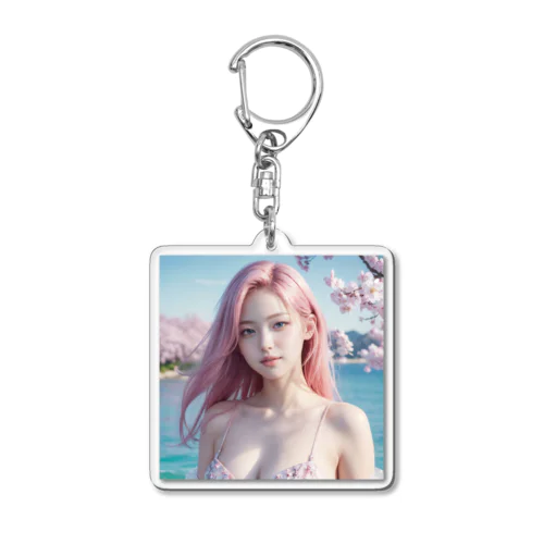 桜と川と青空と、ピンクの髪の女の子 Acrylic Key Chain