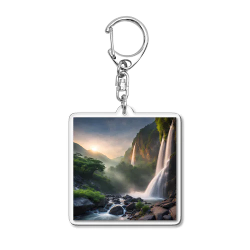 夜明けの滝と山々の美しい自然風景 Acrylic Key Chain