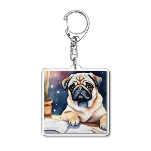 水彩子犬　パグ Acrylic Key Chain