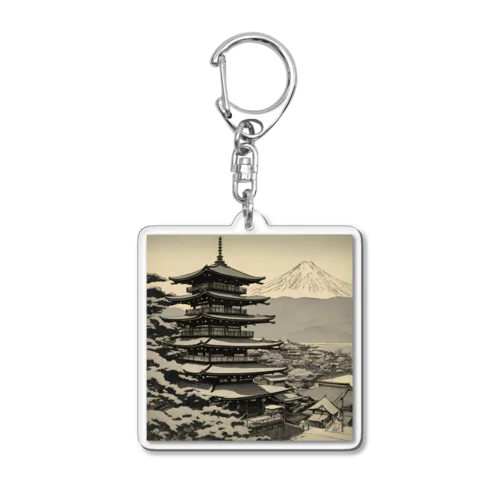 モノクロ山と寺 Acrylic Key Chain