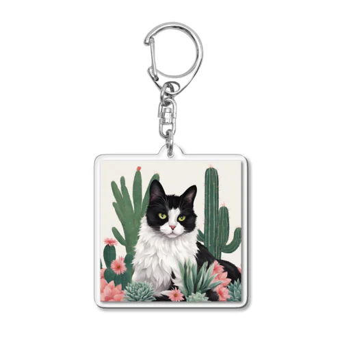 ハチワレ白黒猫とサボテン Acrylic Key Chain