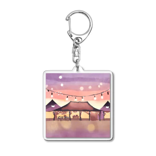 オープンテラスと釣り照明の輝きで夕暮れの美を彩る水彩アート Acrylic Key Chain