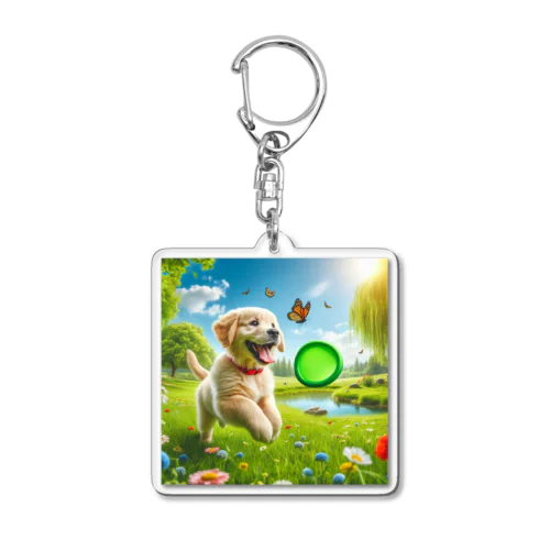 蝶々と遊ぶ子犬 Acrylic Key Chain