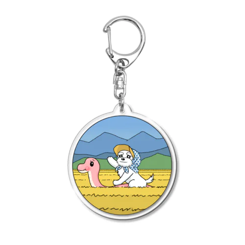 稲刈りする白シュナちゃん Acrylic Key Chain