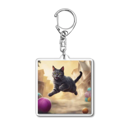 おもちゃを追いかけジャンプする猫ちゃん Acrylic Key Chain