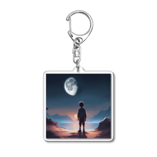 月を眺める少年が描かれた美しい風景です。 アクリルキーホルダー