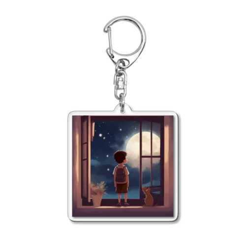 窓の中に立つ少年が、深い夜空を見つめている。 Acrylic Key Chain