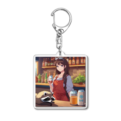 アライグマと共にクラフトビールを醸造する女性 Acrylic Key Chain