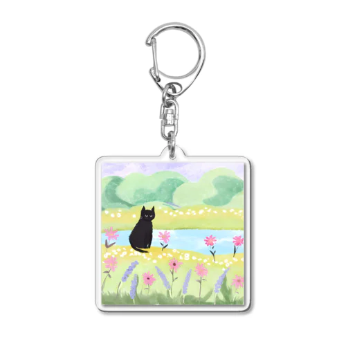 都会黒猫さん、花と湖の里 Acrylic Key Chain